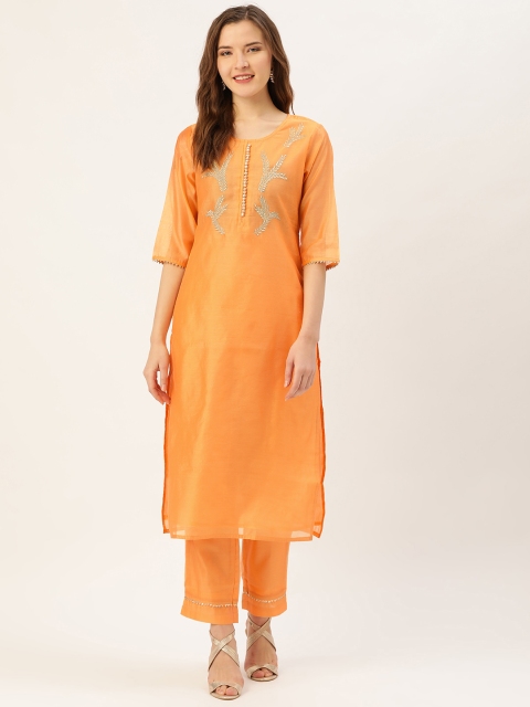 

Jaipur Kurti Women Orange Zari Embroidered Yoke Design Kurta with Trousers