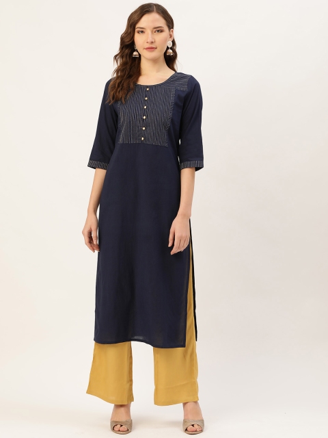 

Jaipur Kurti Women Navy Blue & Beige Yoke Design Kurta with Palazzos