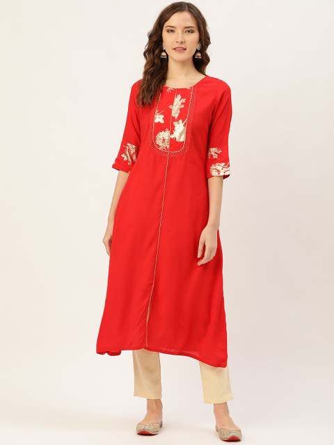 

Jaipur Kurti Women Red & Beige Yoke Design Kurta with Trousers