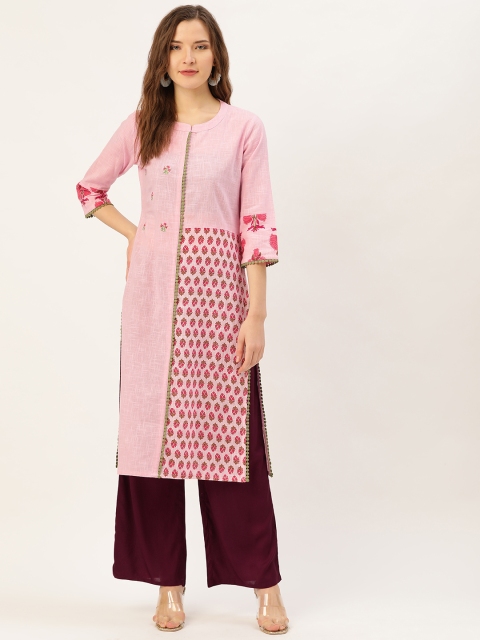 

Jaipur Kurti Women Pink & Burgundy Printed Kurta with Palazzos