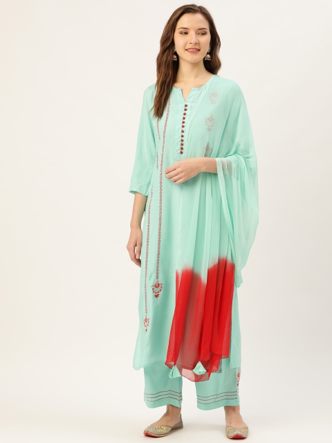 

Jaipur Kurti Women Blue & Red Embroidered Kurta with Palazzos & Dyed Dupatta