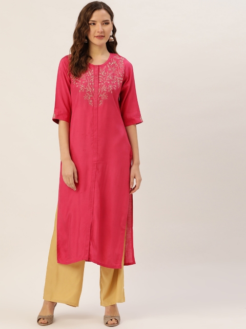 

Jaipur Kurti Women Pink & Beige Zari Yoke Design Kurta with Palazzos