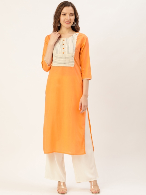 

Jaipur Kurti Women Orange & Off-White Yoke Design Kurta with Palazzos