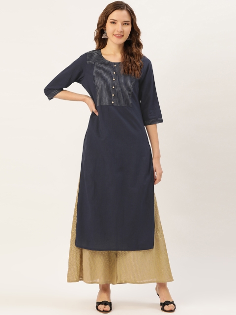 

Jaipur Kurti Women Navy Blue & Golden Zari Embroidered Detail Straight Kurta