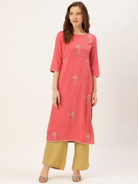 

Jaipur Kurti Women Peach-Coloured & Beige Zari Embroidered Kurta with Palazzos