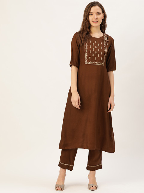 

Jaipur Kurti Women Brown Zari Yoke Design Kurta with Palazzos
