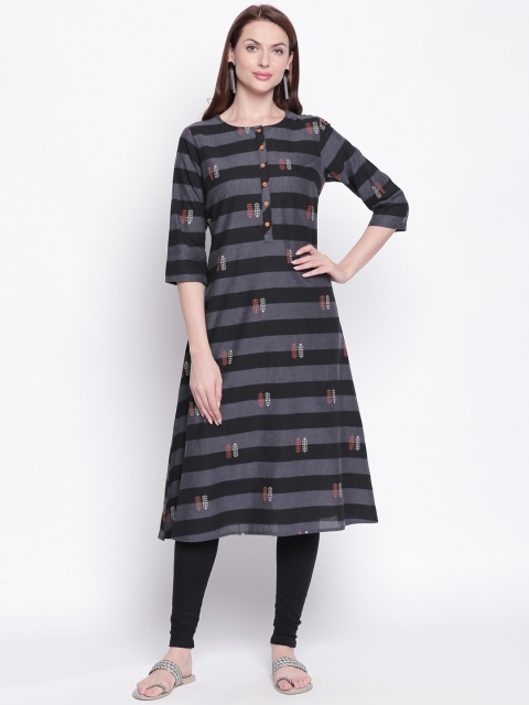 

RANGMANCH BY PANTALOONS Women Grey & Black Striped A-Line Kurta