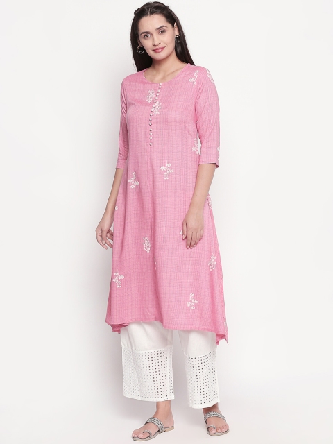

RANGMANCH BY PANTALOONS Women Pink & White Embroidered A-Line Kurta