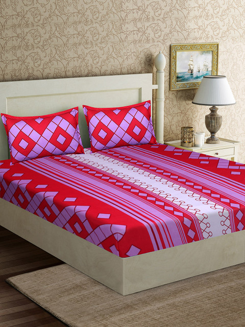 

Good Homes by Home Candy Red & Purple Geometric 152 TC Polyester 1 Queen Bedsheet with 2 Pillow Covers