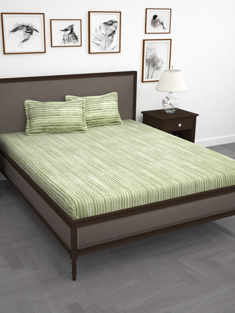 

Story@home Olive Green & White Striped 210TC Cotton 1 King Bedsheet with 2 Pillow Covers