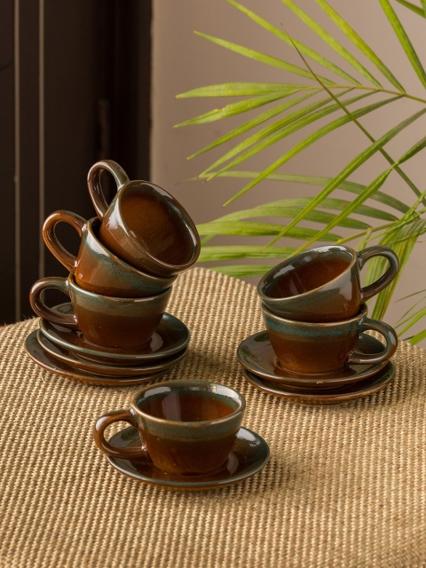 

ExclusiveLane Set of 6 Brown Studio Pottery Ceramic Espresso Coffee Shot Cups with Saucers