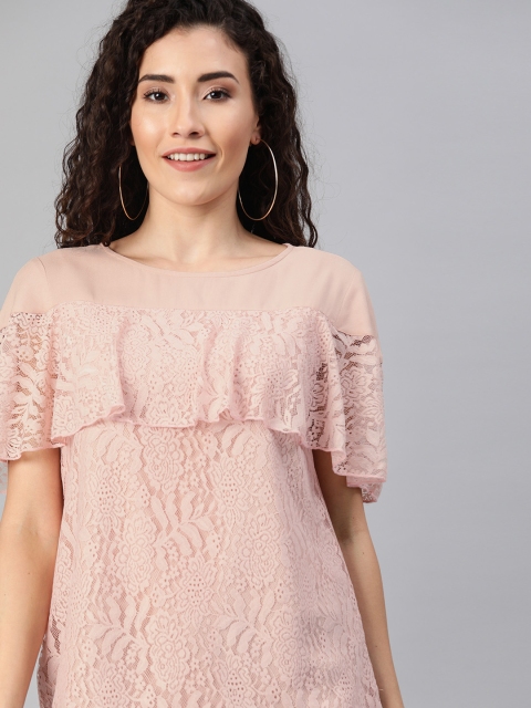 

HERE&NOW Women Pink Self Design Lace Cape Sleeve Top