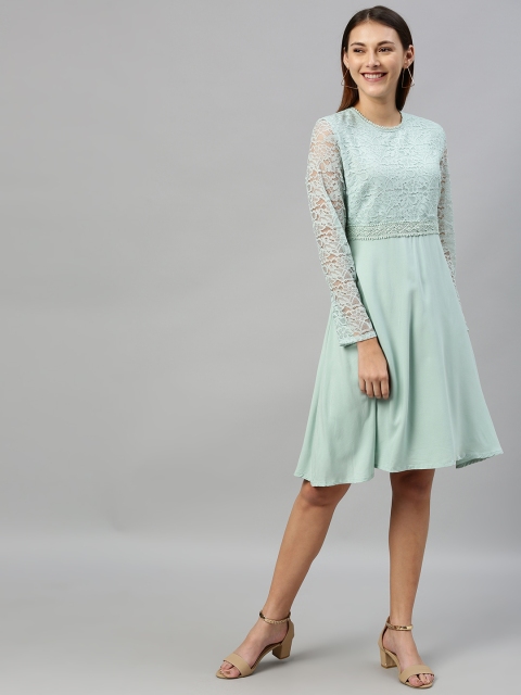 

HERE&NOW Women Green Solid Fit and Flare Dress With Lace Inserts