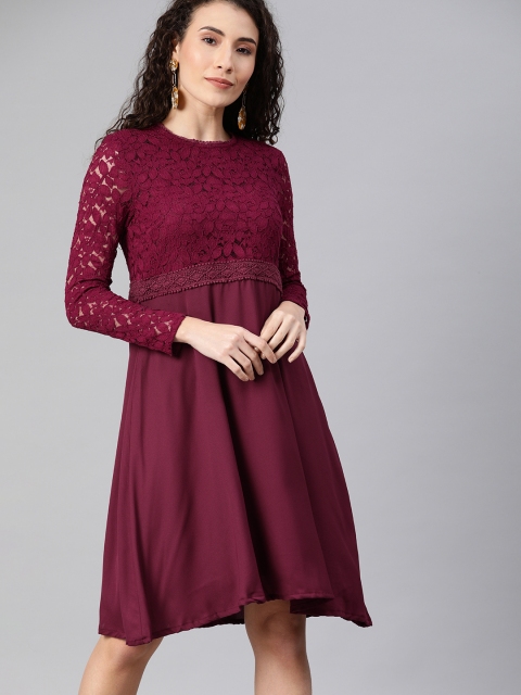 

HERE&NOW Women Maroon Self Design Fit and Flare Lace Dress