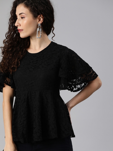 

HERE&NOW Women Black Self Design Lace Peplum Top