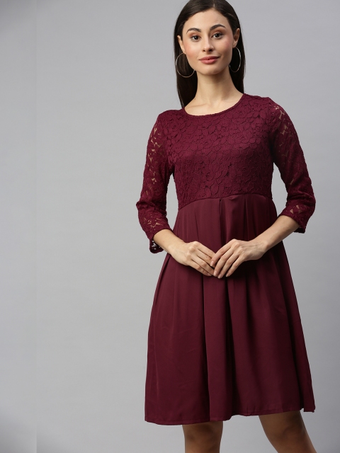 

HERE&NOW Women Maroon Embroidered Fit and Flare Dress