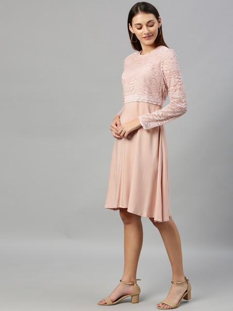 

HERE&NOW Women Pink Solid Fit and Flare Dress With Lace Inserts