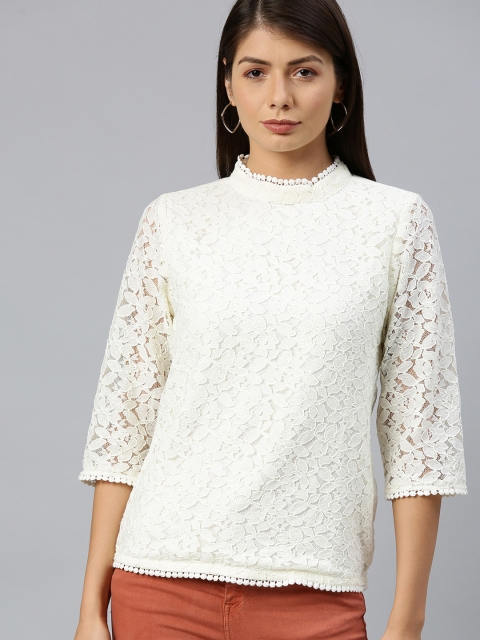

HERE&NOW Women White Self Design Lace Inserts Top