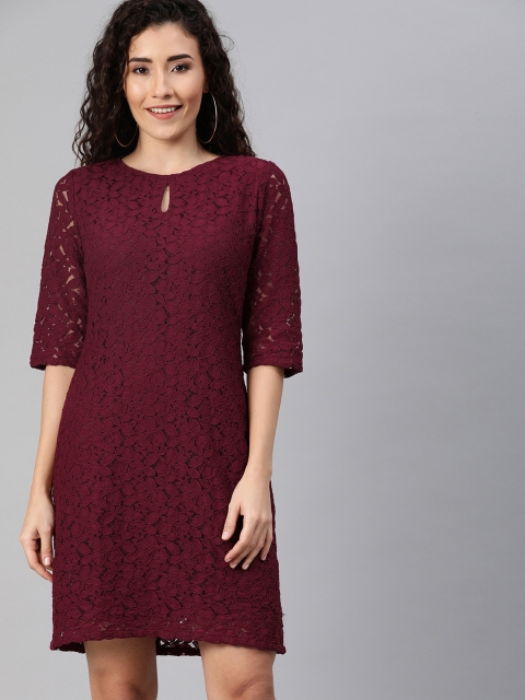 

HERE&NOW Women Maroon Self Design Sheath Dress with Lace Inserts