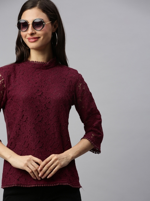 

HERE&NOW Women Maroon Lace Fitted Top