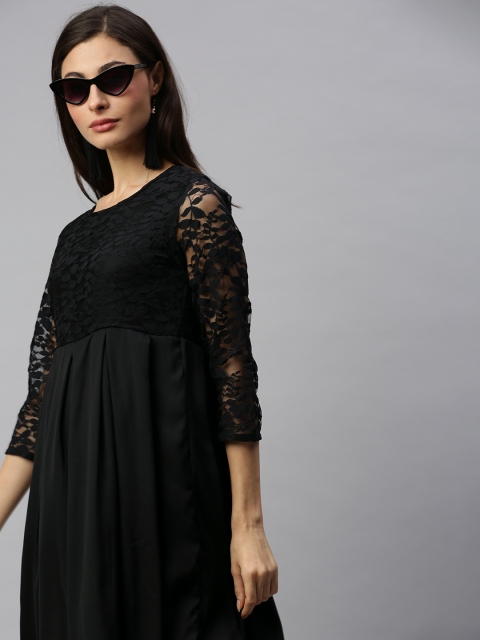 

HERE&NOW Women Black Embroidered Fit and Flare Dress