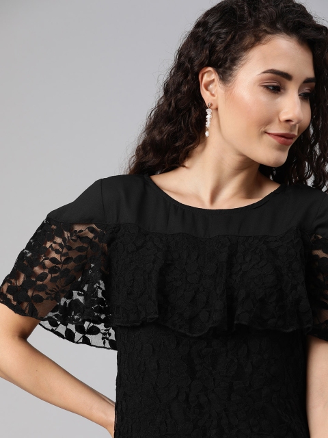 

HERE&NOW Women Black Self Design Lace Cape Sleeve Top