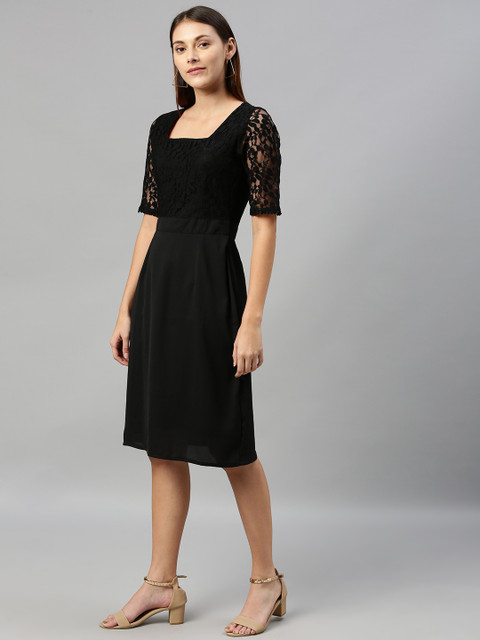 

HERE&NOW Women Black Solid A-Line Dress With Lace Inserts