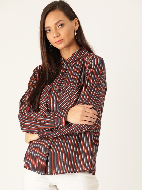 

Antheaa Women Maroon & Navy Blue Regular Fit Striped Casual Shirt