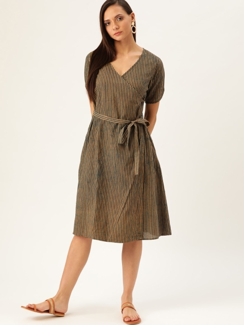 

Taavi Women Mustard Yellow & Green Striped Wrap Sustainable Dress