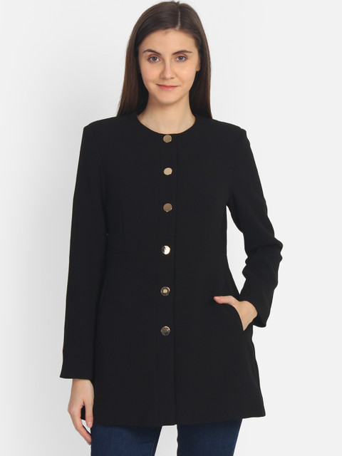 

COVER STORY Women Black Solid Straight Fit Single Breasted Pea Coat