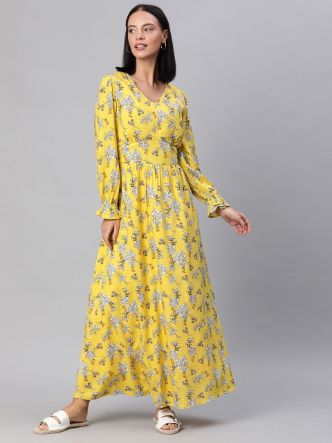 

HERE&NOW Women Yellow & Grey Printed Maxi Dress With Gathers & Bell Sleeves