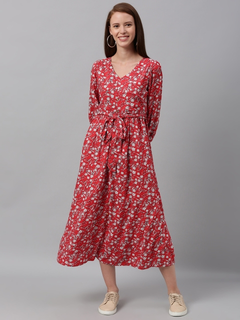 

HERE&NOW Women Red Printed Fit and Flare Dress with Waiste Tie-Up