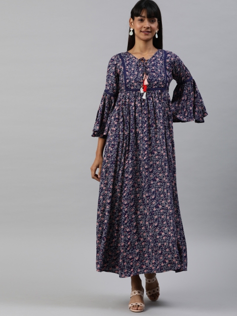 

HERE&NOW Women Navy Blue & Beige Floral Printed Maxi Dress With Bell Sleeves