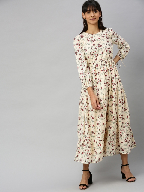 

HERE&NOW Women Beige & Red Floral Printed Maxi Dress with Gathered Detail