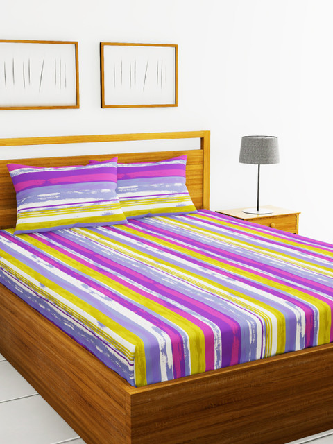 

BIANCA Multicoloured Striped 110 TC Cotton 1 Queen Bedsheet with 2 Pillow Covers, Multi