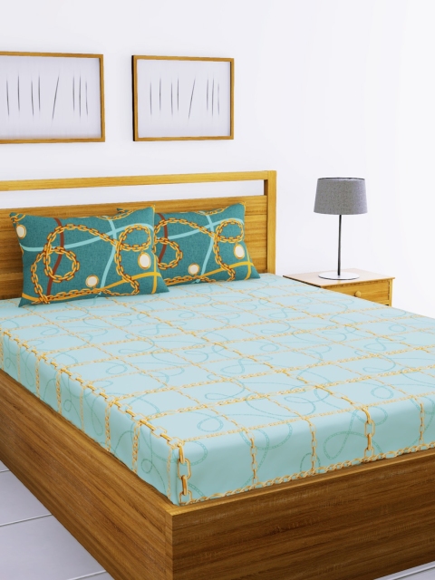 

BIANCA Blue & Gold-Toned Abstract 144 TC Cotton 1 Queen Bedsheet with 2 Pillow Covers