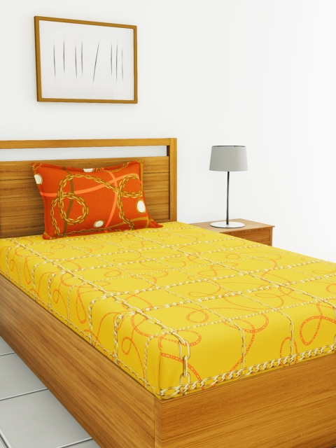 

BIANCA Mustard Yellow Abstract 144 TC Cotton 1 Single Bedsheet with 1 Pillow Covers