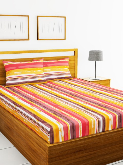 

BIANCA Orange & Yellow Striped 110 TC Cotton 1 Queen Bedsheet with 2 Pillow Covers