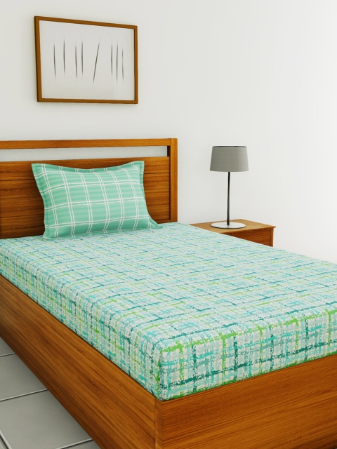 

BIANCA Green & Turquoise Blue Abstract 144 TC Cotton 1 Single Bedsheet with 1 Pillow Covers