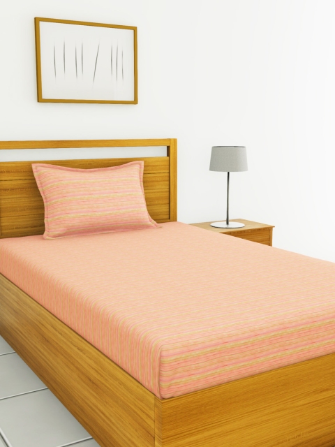 

BIANCA Peach-Coloured & Yellow Striped 110 TC Cotton 1 Single Bedsheet with 1 Pillow Cover
