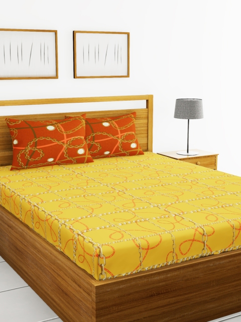 

BIANCA Yellow & Brown Abstract 144 TC 100% Cotton 1 Queen Bedsheet with 2 Pillow Covers