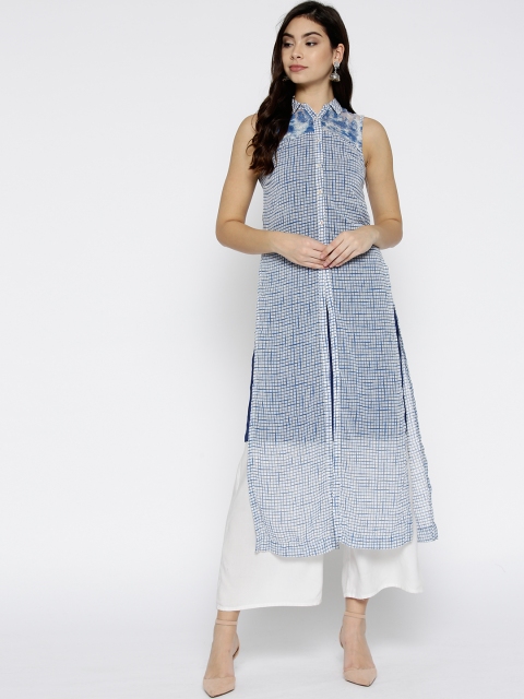 

Biba Women White & Blue Checked Straight Kurta