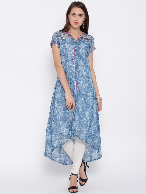 

BIBA Blue Printed High-Low A-Line Kurta