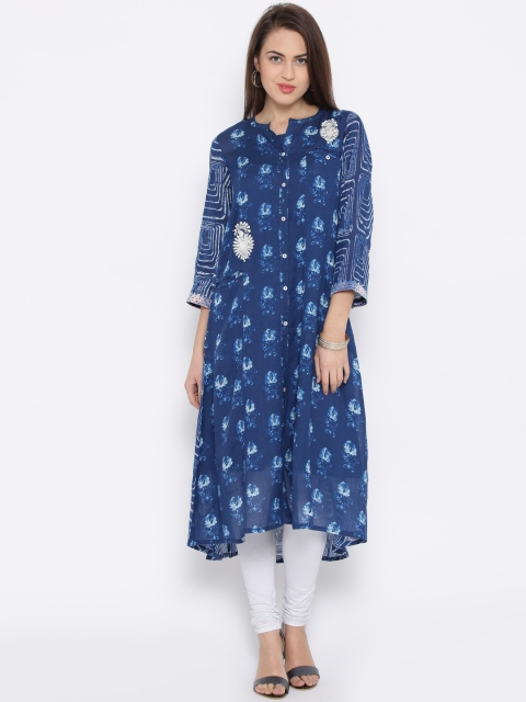 

BIBA Blue Printed High-Low A-Line Kurta
