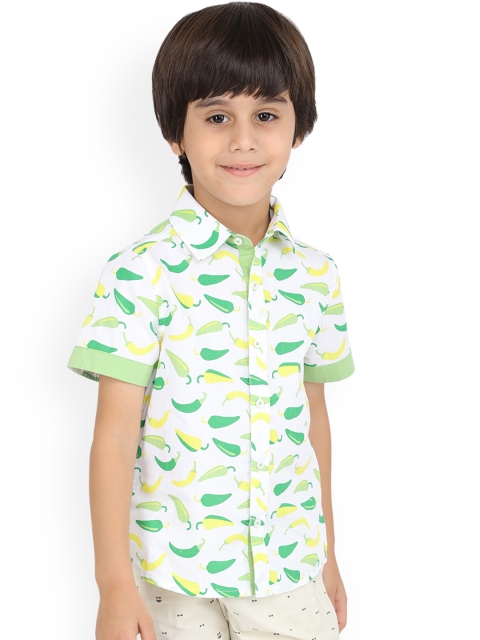 

One Friday Boys White & Green Slim Fit Printed Casual Shirt