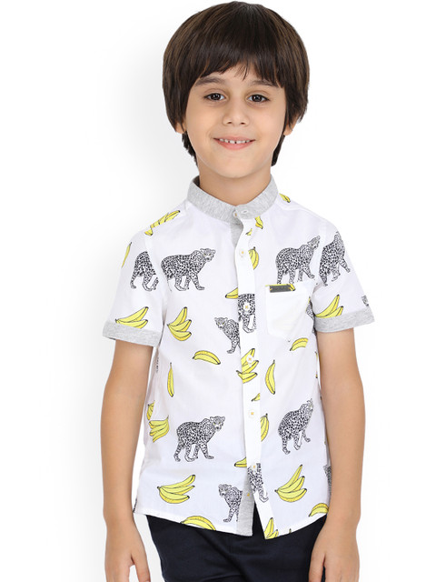 

One Friday Boys Off-White & Yellow Slim Fit Printed Casual Shirt