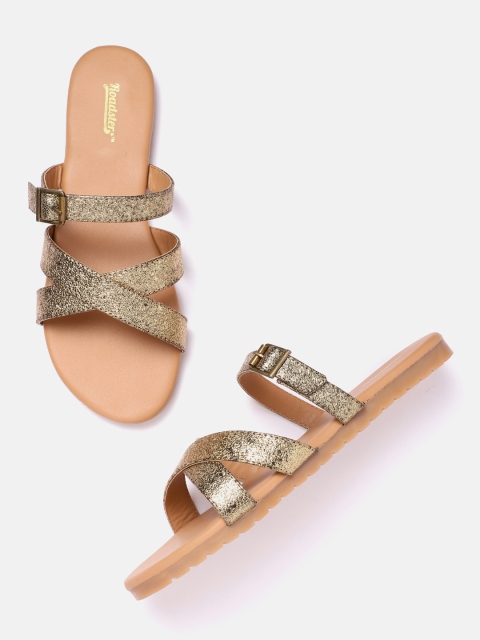 

Roadster Women Gold-Toned Textured Open Toe Flats with Buckle Detail