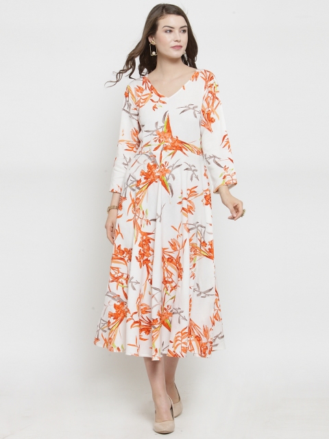 

Jompers Women White & Orange Printed Fit and Flare Dress