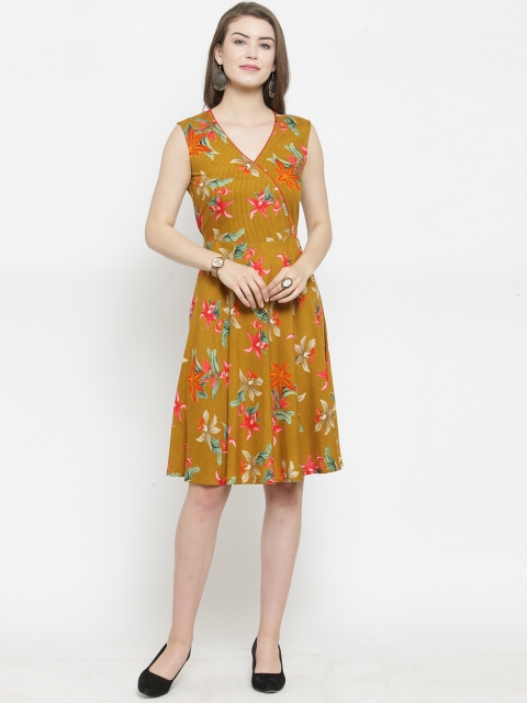 

Jompers Women Mustard Yellow & Red Printed Fit and Flare Dress