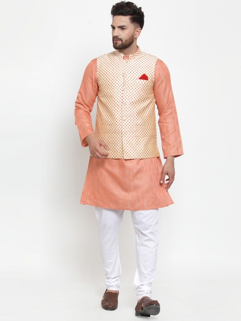 

NEUDIS Men Peach-Coloured & White Solid Kurta with Churidar & Jacket